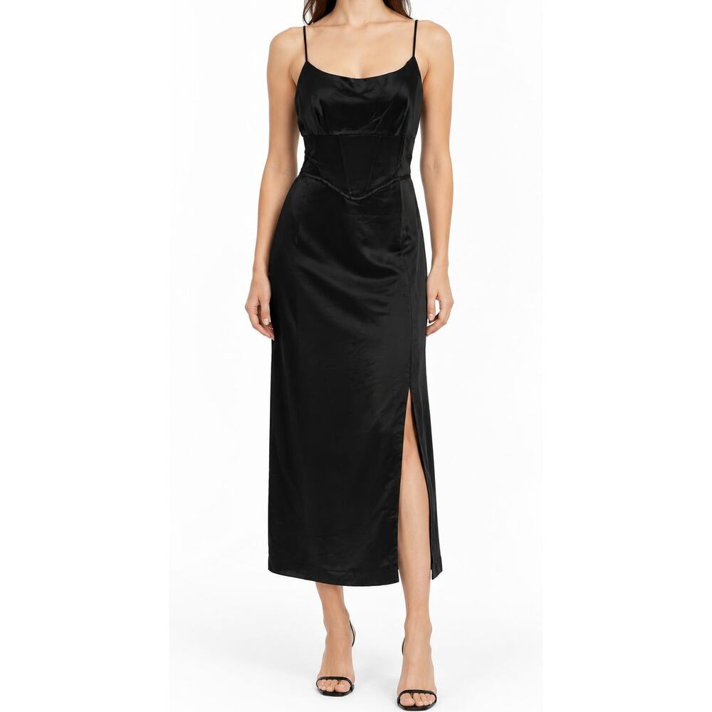 Jason Wu Black Satin Corset Slip Midi Dress Spaghetti Strap Size M Cocktail LBD